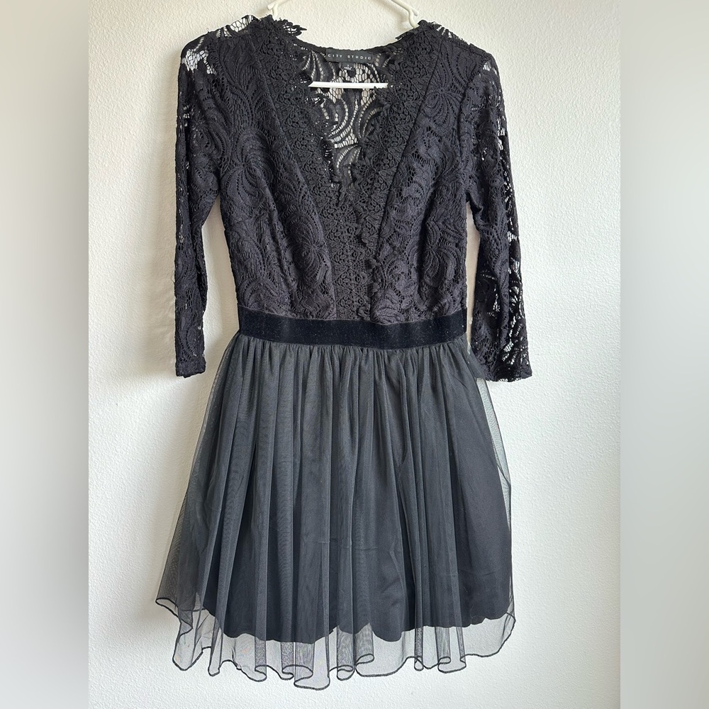 Macy's Black and Gray Pleated Fit and Flare Dress